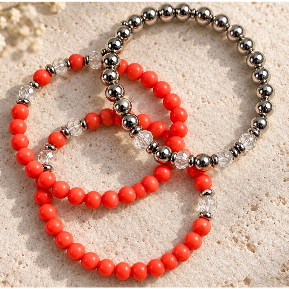 NWOT 3 Stretch Bracelet Stack Coral Orange Silver Tone Clear Beads Boho